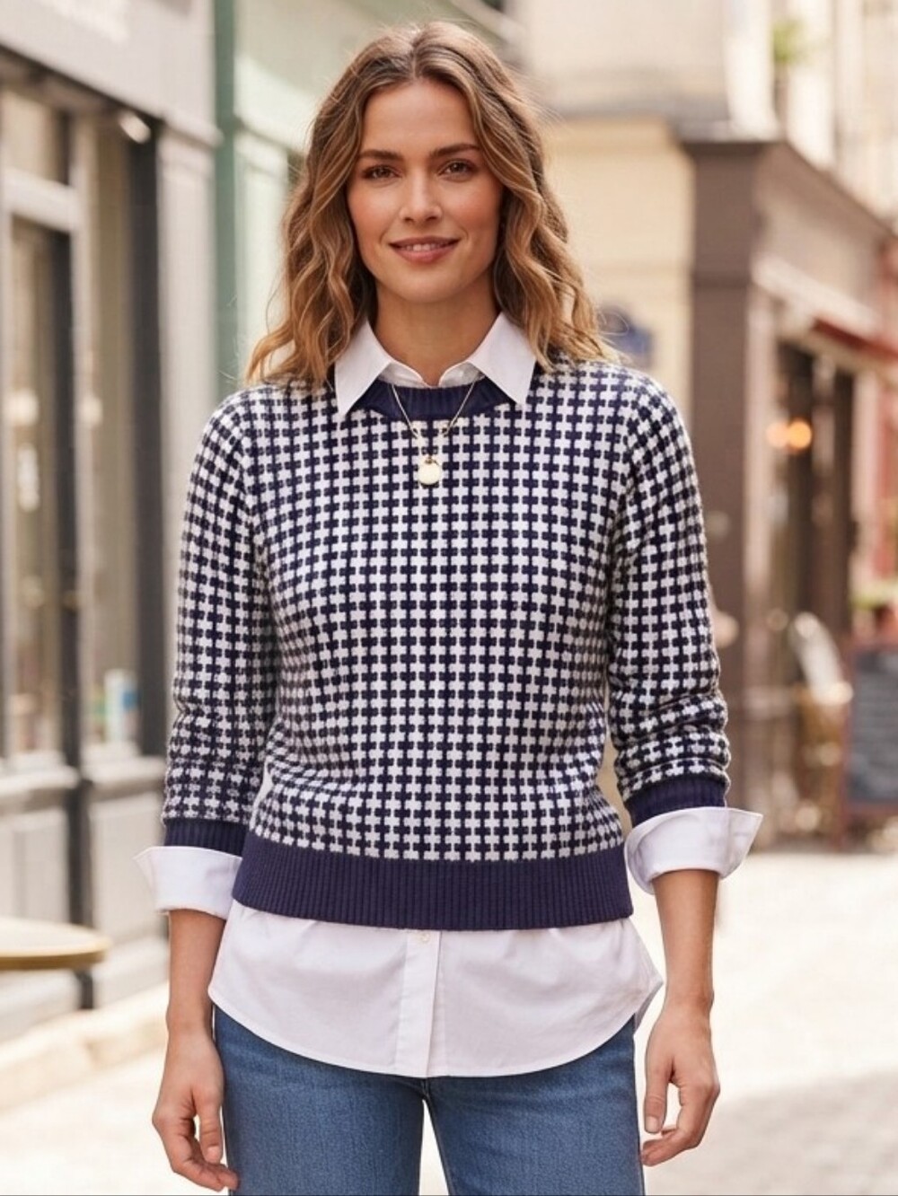 Geometric Jacquard Crew Neck Long Sleeve Sweater Navy White Soft Knit - Size Med